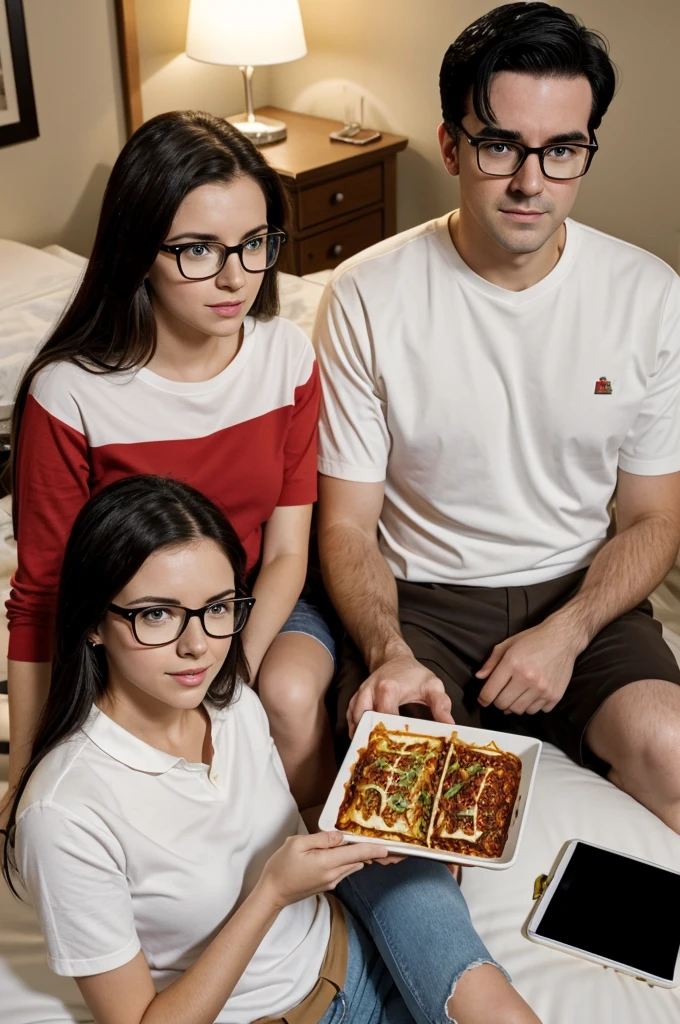 A realistic portrait of a couple, The girl is 23 years old, she is white., of Brown hair, Brown eyes, wear square red frame glasses, and she is next to her boyfriend, A 24 year old boy, White, high, Delgado, well-combed black hair, black eyes, black eyebrows. They are both sitting on the bed, eating lasagna and watching THE OFFICE series on a tablet that is on the bed