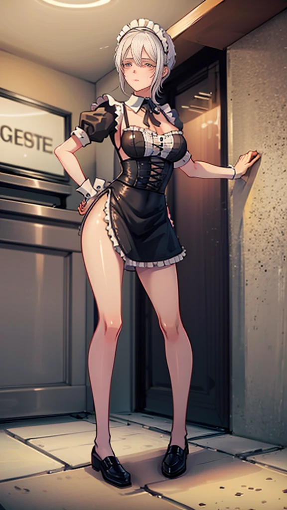 White hair , short hair, pinched eyes, (big-:1.5) , Thin legs, thin body, leather collar, Maid outfit victorian, dynamic pose, full body, View from below, wide hips, Kneeling