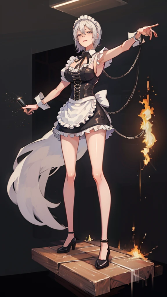 White hair , short hair, pinched eyes, (big-:1.5) , Thin legs, thin body, leather collar, Maid outfit victorian, dynamic pose, full body, View from below, wide hips, Kneeling