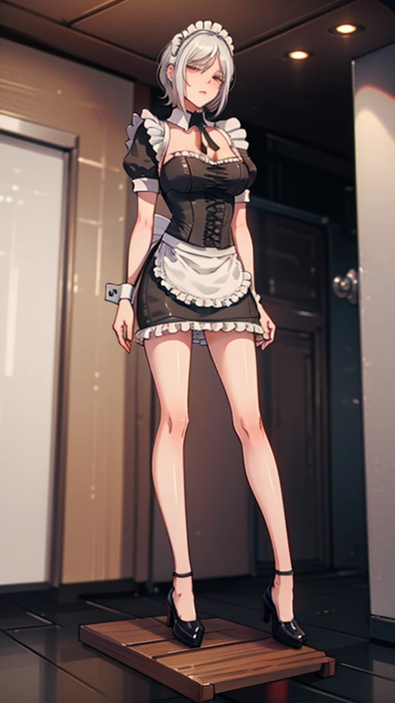 White hair , short hair, pinched eyes, (big-:1.5) , Thin legs, thin body, leather collar, Maid outfit victorian, dynamic pose, full body, View from below, wide hips, Kneeling