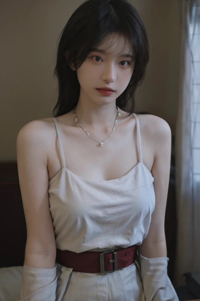 Film portrait photography, 2 girls, Bare shoulders,Lipstick，（flat chest：1.4）， Wear a necklace，Cute expression,Exquisite makeup，Red suspenders，serene, calm, (Realistic and detailed eyes, Natural skin texture, Realistic facial details), Big breasts：1.6，Big Breasts，Soft dramatic lighting, Depth of Field, Bokeh, Vibrant details, Detailed and detailed, Surreal, 35mm film, hazy, ,