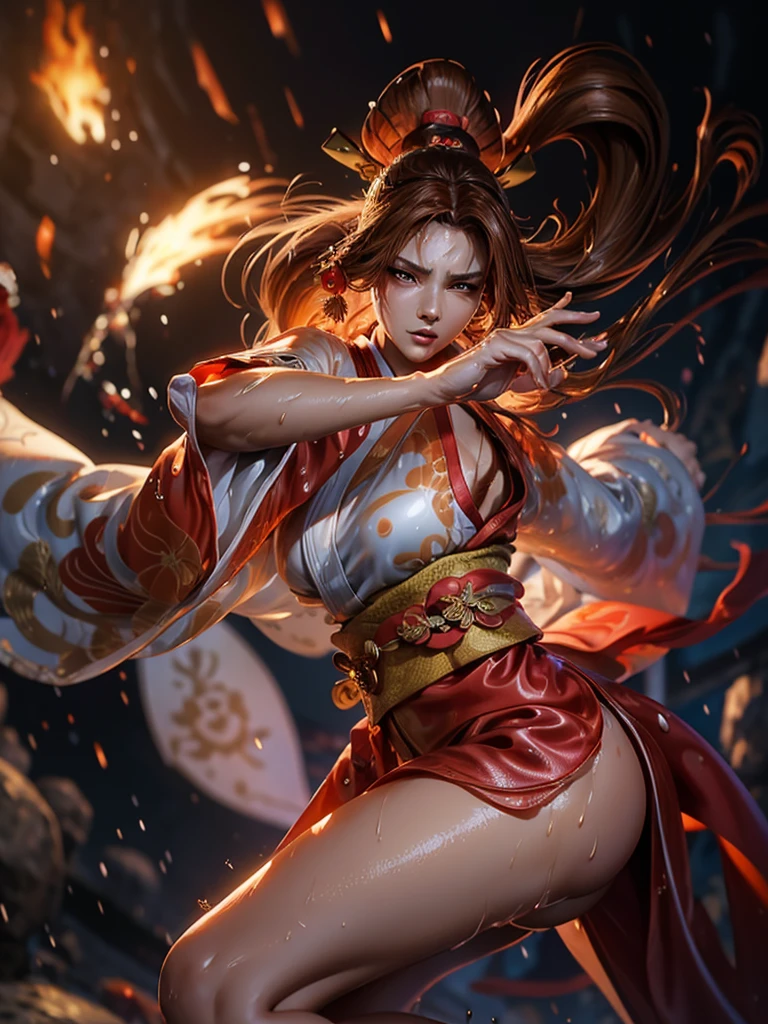 (exquisitely detailed CG unity 8k wallpaper, masterpiece-quality with stunning realism), (best illumination, best shadow), (best quality), (elegant style:1.2), Arti modern anime. angled view, heroic pose, (cel-shading style:1.3), centered image, ultra detailed closeup portrait of (Mai Shiranui:1) from (King of Fighters), best quality, expressive eyes, perfect face, highres, (ultra details), 1 girl, solo, (brown hair:1), hair ornament, eyeshadow, (gold, white and mainly red qipao:1), highly ornamented, (in Tokyo City:1), portrait, looking at the viewer, piercing eyes, full body, (light from the angle:1) (wind blowing:1.2).(depth of field effects:1.3) (motion action:1.2) (closeup:1.2) (motion blur effects:1), Thin to transparent,see-through, (((Soggy-kimono:1.2))),Lace fabric, (((water-immersed body: 0.9))), jewellery, (holding an oriental fan on fire:.8), (asian face:1), nail polish, makeup , (fighting attack pose:1.2), (spinning turning around:1), (clothing on fire with flames:1) (martial arts stance:1.2) (raised butt:1)