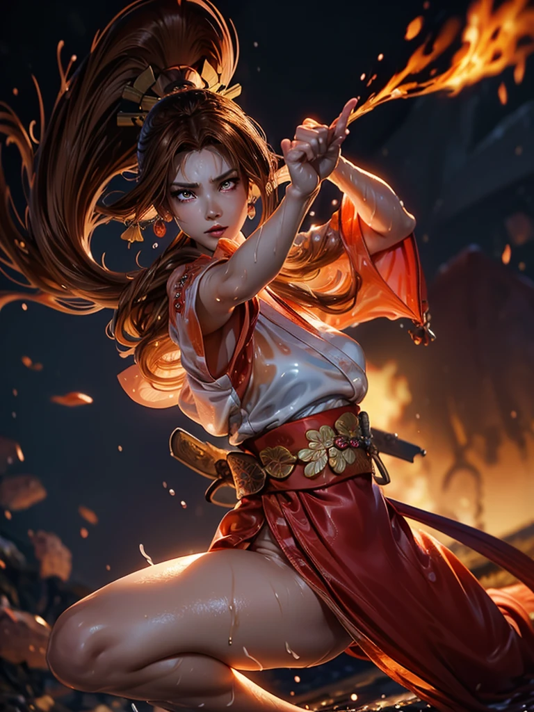 (exquisitely detailed CG unity 8k wallpaper, masterpiece-quality with stunning realism), (best illumination, best shadow), (best quality), (elegant style:1.2), Arti modern anime. angled view, heroic pose, (cel-shading style:1.3), centered image, ultra detailed closeup portrait of (Mai Shiranui:1) from (King of Fighters), best quality, expressive eyes, perfect face, highres, (ultra details), 1 girl, solo, (brown hair:1), hair ornament, eyeshadow, (gold, white and mainly red qipao:1), highly ornamented, (in Tokyo City:1), portrait, looking at the viewer, piercing eyes, full body, (light from the angle:1) (wind blowing:1.2).(depth of field effects:1.3) (motion action:1.2) (closeup:1.2) (motion blur effects:1), Thin to transparent,see-through, (((Soggy-kimono:1.2))),Lace fabric, (((water-immersed body: 0.9))), jewellery, (holding an oriental fan on fire:.8), (asian face:1), nail polish, makeup , (fighting attack pose:1.2), (spinning turning around:1), (clothing on fire with flames:1) (martial arts stance:1.2) (raised butt:1)