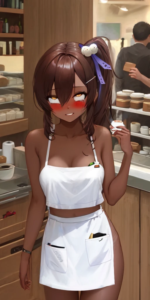 1girl, solo, hair ornament, (naked:1.3), (white apron), large breasts, cleavage, thighs, cafe background, (blushing:1.3), naga, brown hair, ponytail, golden eyes, dark skin, gal, naga, lewd, smirk