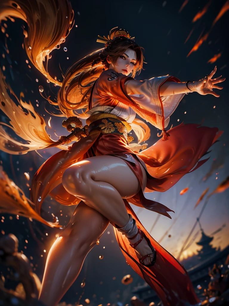 (exquisitely detailed CG unity 8k wallpaper, masterpiece-quality with stunning realism), (best illumination, best shadow), (best quality), (elegant style:1.2), Arti modern anime. angled view, heroic pose, (cel-shading style:1.3), centered image, ultra detailed closeup portrait of (Mai Shiranui:1) from (King of Fighters), best quality, expressive eyes, perfect face, highres, (ultra details), 1 girl, solo, (brown hair:1), hair ornament, eyeshadow, (gold, white and mainly red qipao:1), highly ornamented, (in Tokyo City:1), portrait, looking at the viewer, piercing eyes, full body, (light from the angle:1) (wind blowing:1.2).(depth of field effects:1.3) (motion action:1.2) (closeup:1.2) (motion blur effects:1), Thin to transparent,see-through, (((Soggy-kimono:1.2))),Lace fabric, (((water-immersed body: 0.9))), jewellery, (holding an oriental fan on fire:.8), (asian face:1), nail polish, makeup , (fighting attack pose:1.2), (spinning turning around:1), (clothing on fire with flames:1) (martial arts stance:1.2) (raised butt:1)