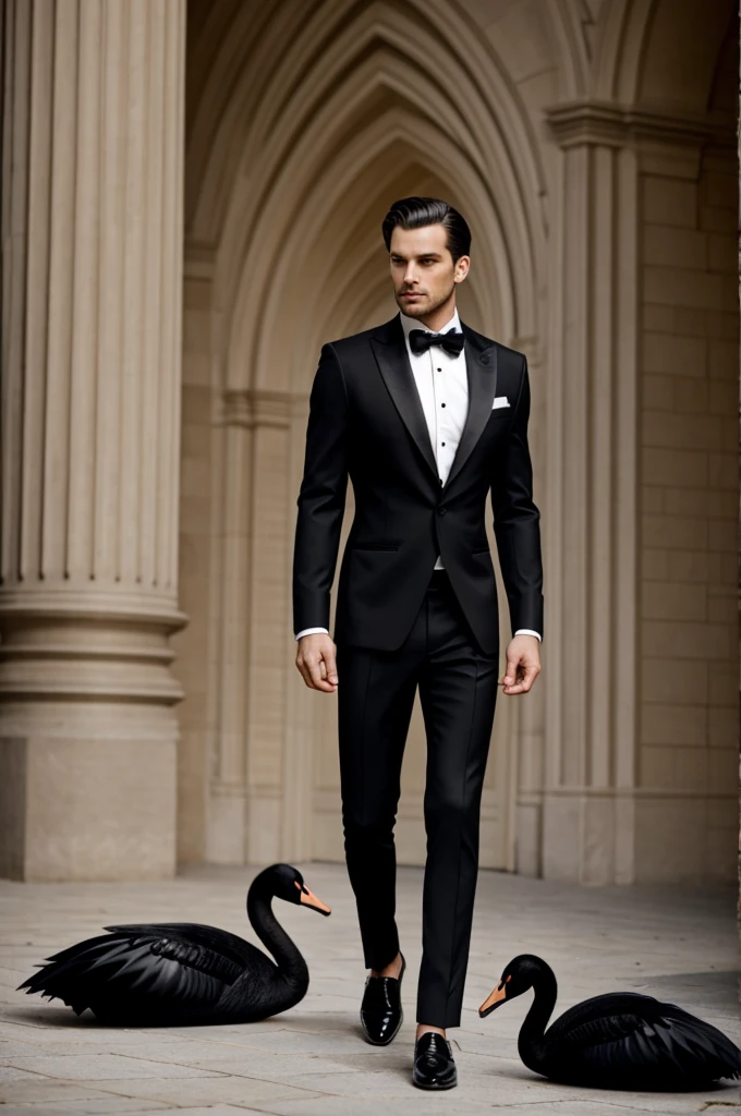 A very elegant male fashion outfit made from black swan