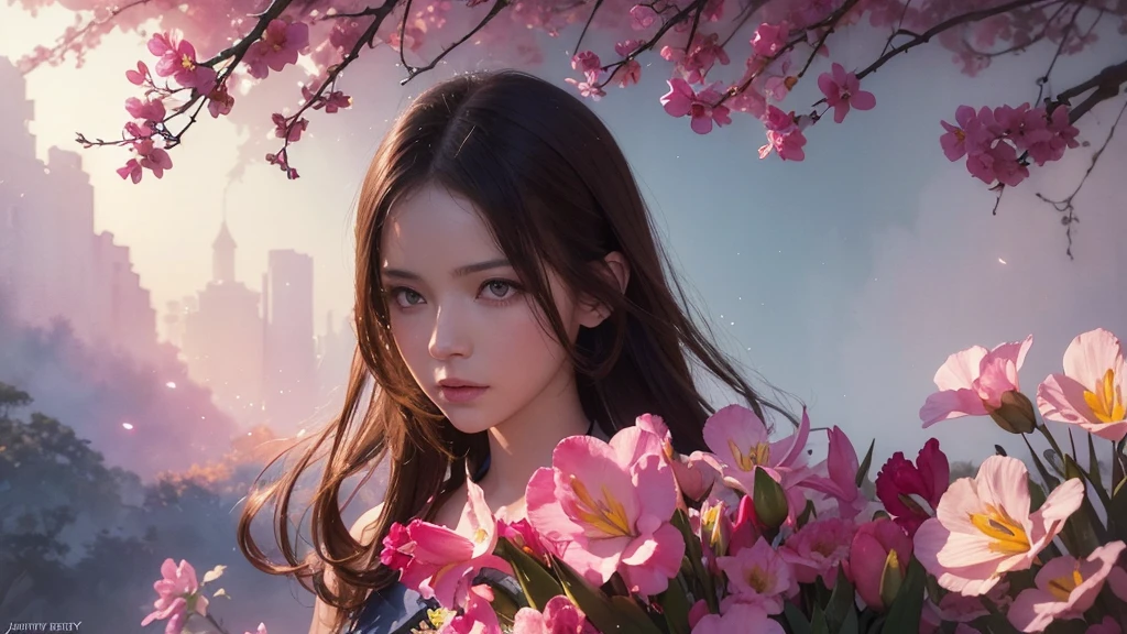 32k, Masterpiece, Highest quality, One girl, Brown Hair, Detailed eyes, flower,Freesia, Pink and navy style,A dreamy, romantic piece,Pale yellow, Mysterious Leaves,A playful arrangement,Fantasy,High Contrast,Ink strokes,explosion,Exposure, Impression of pink and navy tones,Abstract,((Watercolours by John Berkey and Jeremy Mann )) Brush strokes,Negative Space, Tyndall effect,