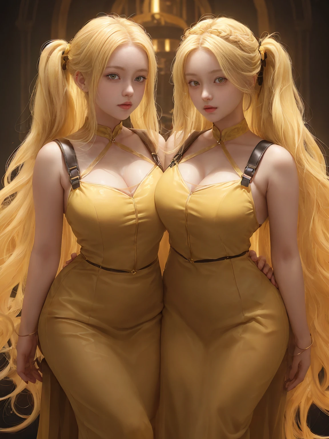 blonde Girl, Beautiful,  symmetric Face, 17 Yormous Breasts ,((neglected )),,((very nsfw))((bdsm harness)) touching each other o long blonde curly and wavy golden Hair tied in a ponytail, adorable masterpiece ((yellow honey colored eyes)) , very thick hourglass figure body, closeup view , soft dark ambient lights,both looking at viewer.
