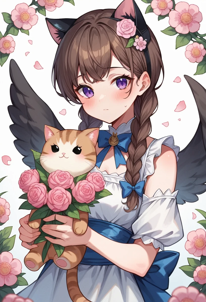 1girl, naked, animal ears, purple eyes, brown hair, wings, solo, long hair, blush, cat ears, flowers, looking at viewer, braids, bows, dresses, pink flowers, bows, hair accessories, bangs, cats, hair flower, animal ear hair, holding, virtual youtuber, blue bow, holding animal, catwoman, stuffed toy