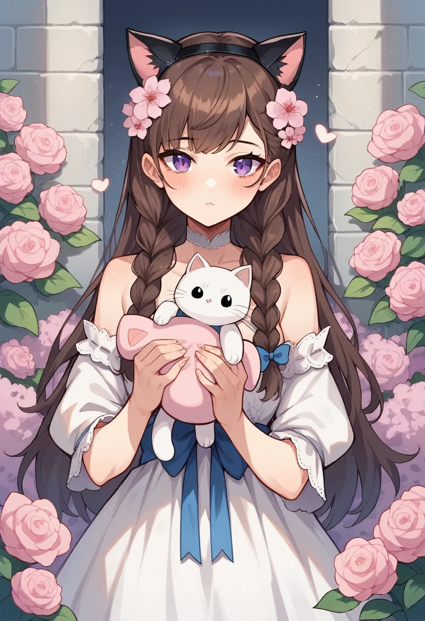 1girl, naked, animal ears, purple eyes, brown hair, wings, solo, long hair, blush, cat ears, flowers, looking at viewer, braids, bows, dresses, pink flowers, bows, hair accessories, bangs, cats, hair flower, animal ear hair, holding, virtual youtuber, blue bow, holding animal, catwoman, stuffed toy