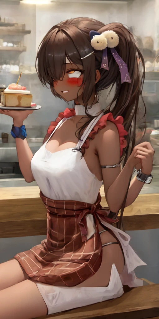 1girl, solo, hair ornament, (naked:1.3), (white apron), large breasts, cleavage, thighs, cafe background, (blushing:1.3), naga, brown hair, ponytail, golden eyes, dark skin, gal, naga, lewd, smirk