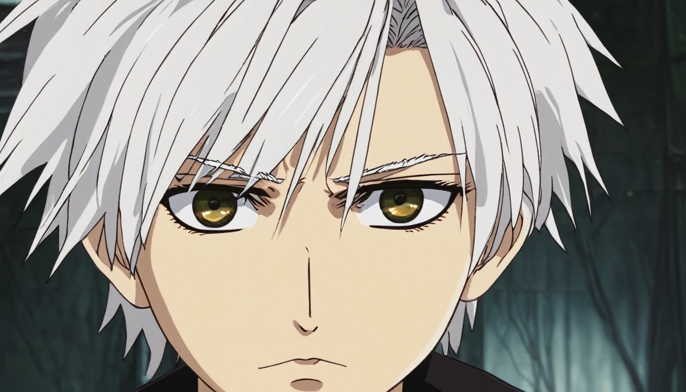 Young white hair stylist boy ayush(anime style) A close-up shot of Ayush's eyes filled with fear, reflecting the terror and uncertainty in his expression."