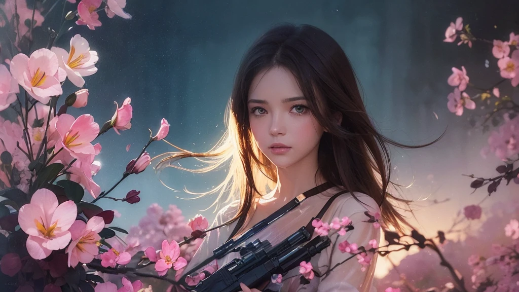 32k, Masterpiece, Highest quality, One girl, Brown Hair, Detailed eyes, flower,Freesia, Pink and navy style,A dreamy, romantic piece,Pale yellow, Mysterious Leaves,A playful arrangement,Fantasy,High Contrast,Ink strokes,explosion,Exposure, Impression of pink and navy tones,Abstract,((Watercolours by John Berkey and Jeremy Mann )) Brush strokes,Negative Space, Tyndall effect,