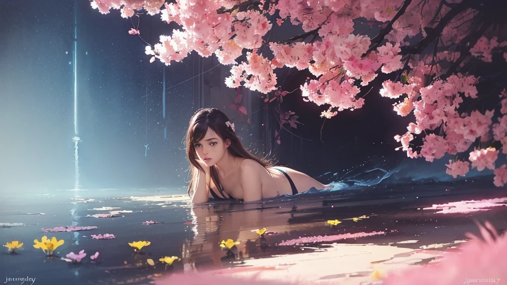 32k, Masterpiece, Highest quality, One girl, Brown Hair, Detailed eyes, flower,Freesia, Pink and navy style,A dreamy, romantic piece,Pale yellow, Mysterious Leaves,A playful arrangement,Fantasy,High Contrast,Ink strokes,explosion,Exposure, Impression of pink and navy tones,Abstract,((Watercolours by John Berkey and Jeremy Mann )) Brush strokes,Negative Space, Tyndall effect,
