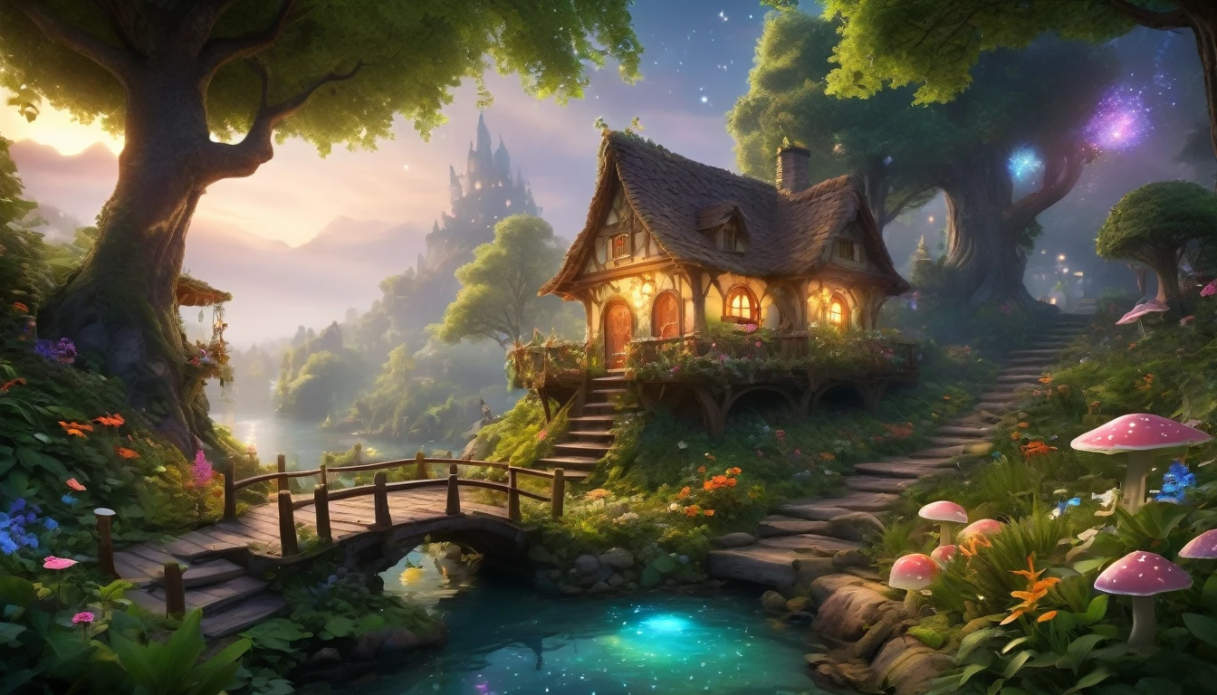 (best quality, 4k, 8k, highres, masterpiece:1.2), ultra-detailed, (realistic, photorealistic, photo-realistic:1.37), a charming fairy village at night, nestled deep within an enchanted forest, magical creatures, glowing mushrooms, whimsical treehouses, lush greenery, dainty flowers, serene atmosphere, soft moonlight, fairy dust, ethereal beings, peaceful lakeside, cobblestone pathways, celestial stars, stunning architecture, magical bridges, mystical fog, harmonious colors, surreal ambiance, enchanted music, fairytale-like cottages, hidden nooks and crannies, whispering winds, secretive entrances, hidden treasures, magical doorways, lively marketplace, elaborate costumes, vibrant market stalls, dreamy reflections in the water, fairy wings, index: above-average, dream-like, imagination, stardust magic, tranquil haven. The forest is filled with ancient, towering trees whose branches create a natural canopy, filtering the moonlight to create a mesmerizing play of light and shadow. Twinkling fireflies add to the magical atmosphere, while a gentle stream winds through the village, its banks adorned with colorful, luminous plants. The air is filled with the scent of wildflowers and the soft, melodic sounds of nature, enhancing the dreamlike quality of this mystical place.