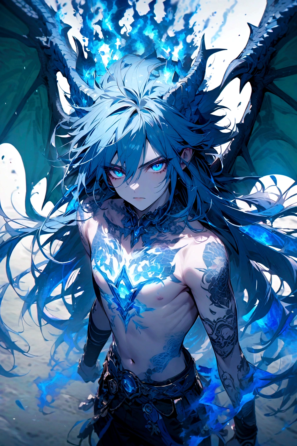 Teenage boy, spiky hair, long hair, bright blue hair, shining blue eyes, light blue skin, bare chest with several tattoos on the body, Pair of Dragon Wings, blue electric aura 