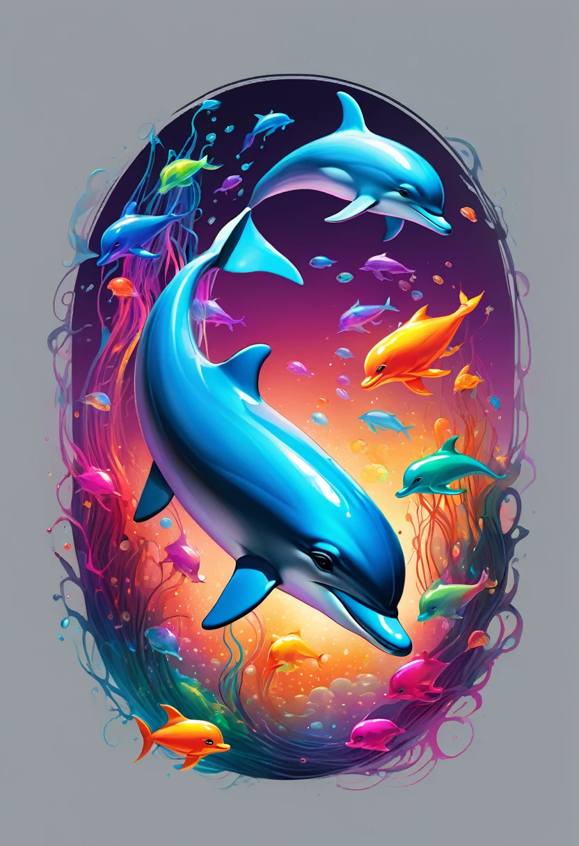 creative logo ilustration of a  grey dolphin surrounded by colorful glowing jelly fishes,  digital art style by dan mumford, marc simonetti, frank frazetta, sketch, high definition, negative space, logo style, T-shirt design