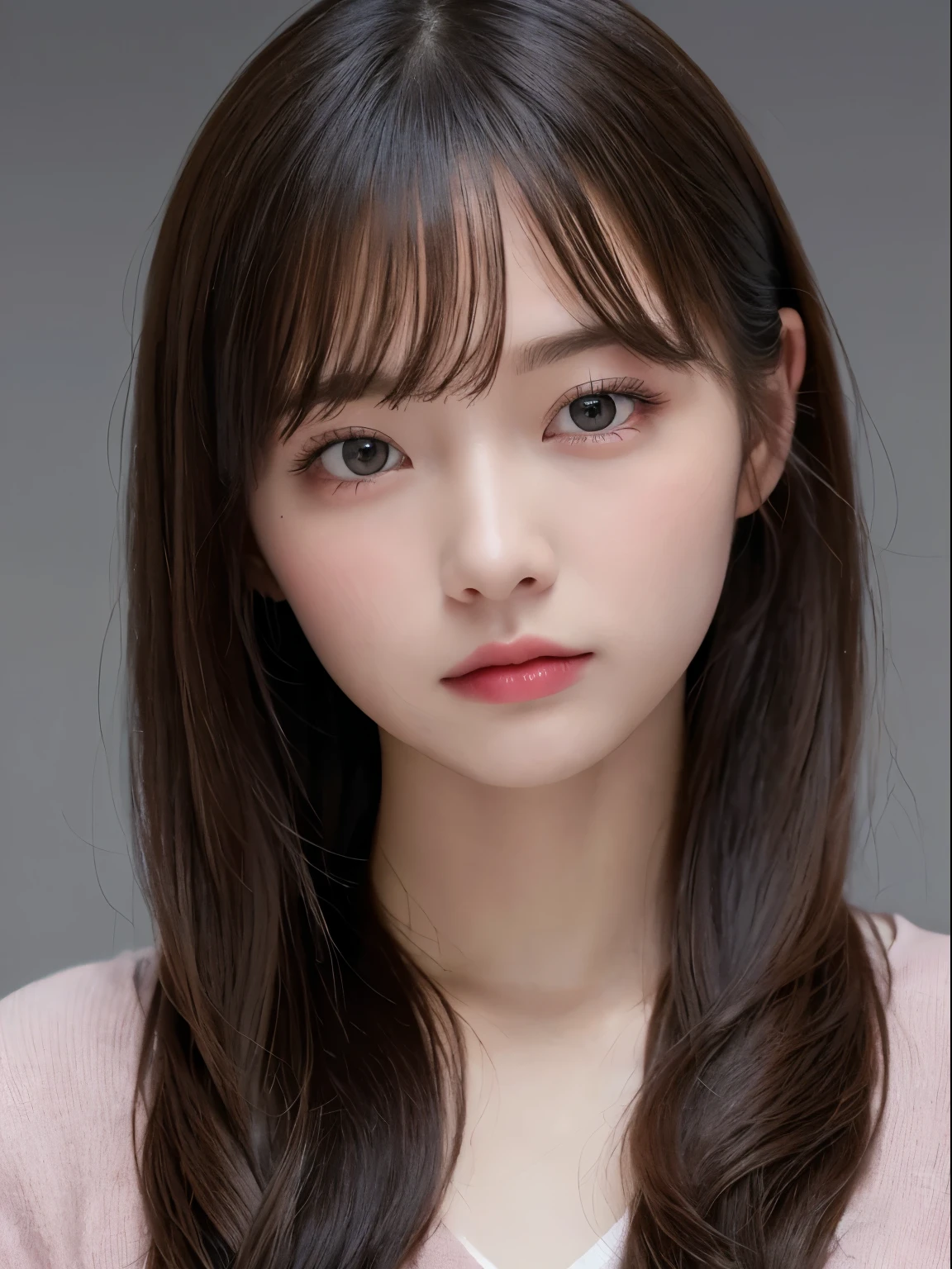 (masterpiece:1.3), (8k, photorealistic, Raw photography, Superior image quality: 1.4), 20 year old girl、(Random hairstyles:1.2)、Super detailed face、eye of detail、double eyelid、sharp focus:1.2、Pretty Woman:1.4、black hair、premium、masterpiece、super high resolution、(photorealistic:1.4)、Very detailed and professional lighting、Wear a pink knitted blouse and cardigan、slender、Serious facial expression、long-haired、Fatal position、transparent skin、random pose、shiny hair、Engraved Model Pose、