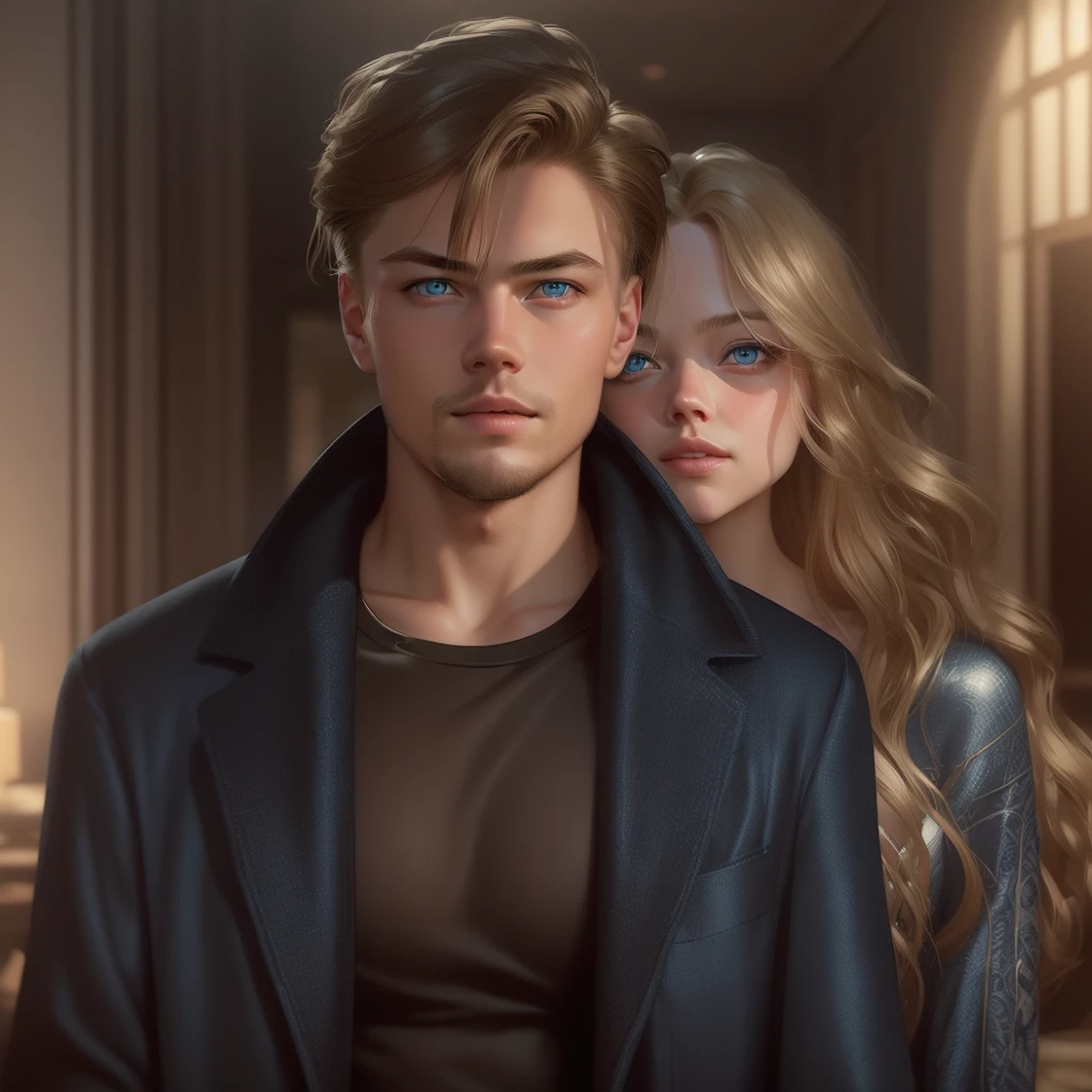 ((A couple in love)) a 20 year old man with bright light blue eyes, light brown hair, physical resemblance to 20 year old Leonard Dicaprio, dressed in a spider-man sweatshirt and a white t-shirt, short hair hairstyle, standing next to his beautiful blonde-haired girlfriend with bright, slightly dark blue eyes and a physical resemblance to 20-year-old Amanda Seyfried dressed in a black dress, an unreal engine 5, octane renderer, background of a bookstore, detailed hair and eyes, beautiful real faces, Detailed faces with physical resemblances to actors Leonardo Dicaprio and Amanda Seyfried, Beautiful hair, they both smile, beautiful portrait con detalles,  hair with many details, 8k Artgerm bokeh, IG model | Artgerm, detailed portrait, stunning holding portrait of a realistic face, beautiful portrait, deviantart artstation cgscosiety, realistic cinematic portrait, high quality portrait, elegant digital painting, Artistic style