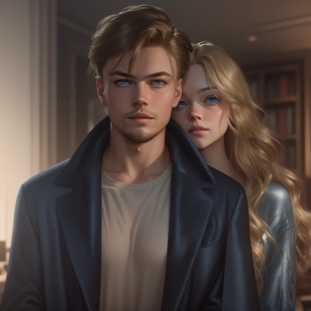((A couple in love)) a 20 year old man with bright light blue eyes, light brown hair, physical resemblance to 20 year old Leonard Dicaprio, dressed in a spider-man sweatshirt and a white t-shirt, short hair hairstyle, standing next to his beautiful blonde-haired girlfriend with bright, slightly dark blue eyes and a physical resemblance to 20-year-old Amanda Seyfried dressed in a black dress, an unreal engine 5, octane renderer, background of a bookstore, detailed hair and eyes, beautiful real faces, Detailed faces with physical resemblances to actors Leonardo Dicaprio and Amanda Seyfried, Beautiful hair, they both smile, beautiful portrait con detalles,  hair with many details, 8k Artgerm bokeh, IG model | Artgerm, detailed portrait, stunning holding portrait of a realistic face, beautiful portrait, deviantart artstation cgscosiety, realistic cinematic portrait, high quality portrait, elegant digital painting, Artistic style