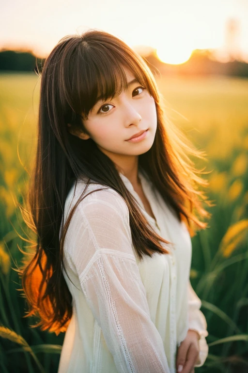  Japanese beautiful girl, Embarrassed look, figure, (Highest quality, Super detailed), front、Gentle lighting, Flowing Hair,one piece、 Delicate features, Dreamy atmosphere、Analog Film Photography、20-year-old、80'、サイバーパンクWindローファイアニメーション、Wind, sunset, Wheat field,