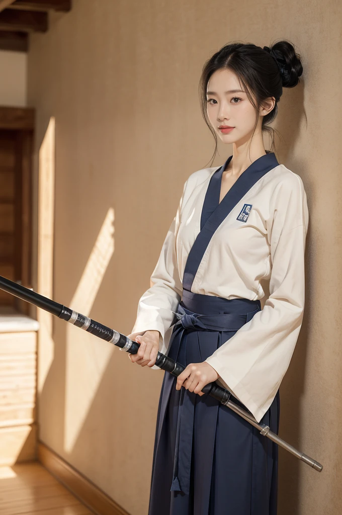 (((best quality))),(((ultra detailed))),(((masterpiece))),illustration,1girl,solo,tonogui,short ponytail,slim,thin,small breasts,flat chest,white collar,white kendogi,three-quarter sleeves,maxi navy-blue kendo hakama,slender legs,standing in kendo gym,(holding a bokuto in hand:1.3),arms behind back,focused and determined expression,ready for challenge,slender and elegant face,confident and resilient,fair skin,blush,neat teeth,bright smile,clean and tidy uniform,wooden gym floor,wall,pine scent,standard grip,ready to slice through obstacles,strong belief,determination,spirit of resilience,admiring,from front,full body,bare feet