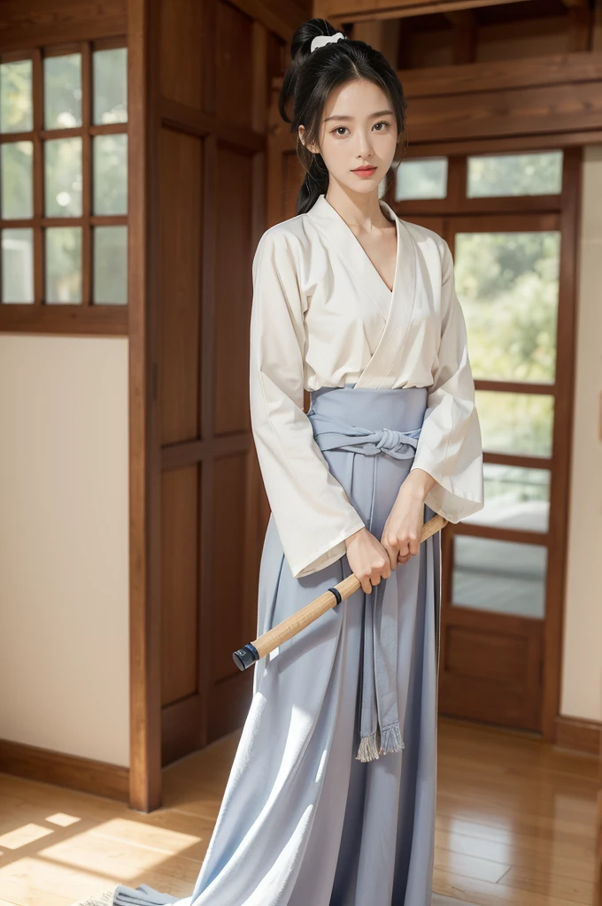 (((best quality))),(((ultra detailed))),(((masterpiece))),illustration,1girl,solo,tonogui,short ponytail,slim,thin,small breasts,flat chest,white collar,white kendogi,three-quarter sleeves,maxi navy-blue kendo hakama,slender legs,standing in kendo gym,(holding a bokuto in hand:1.3),arms behind back,focused and determined expression,ready for challenge,slender and elegant face,confident and resilient,fair skin,blush,neat teeth,bright smile,clean and tidy uniform,wooden gym floor,wall,pine scent,standard grip,ready to slice through obstacles,strong belief,determination,spirit of resilience,admiring,from front,full body,bare feet