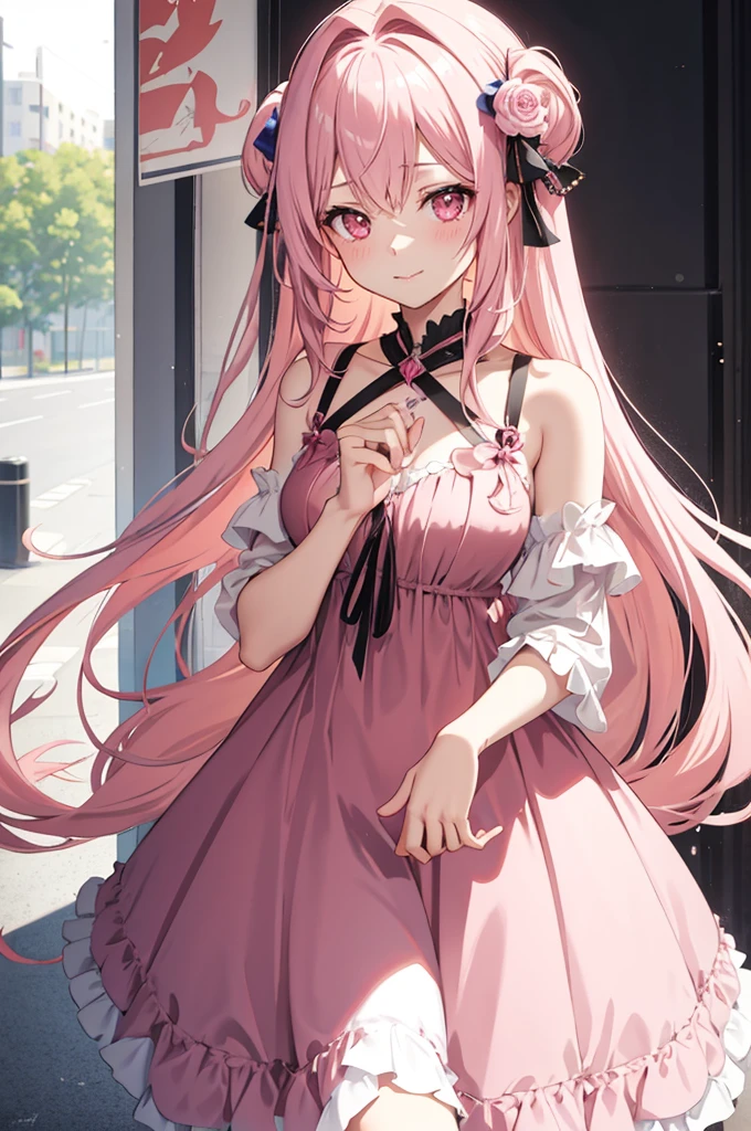 solo, 1girl, mature anime female, light pink hair, long hair, dark pink eyes, subtle blush, love goddess, sundress, innocent smile