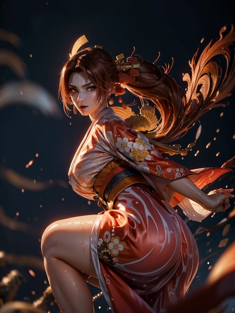 (exquisitely detailed CG unity 8k wallpaper, masterpiece-quality with stunning realism), (best illumination, best shadow), (best quality), (elegant style:1.2), Arti modern anime. angled view, heroic pose, (cel-shading style:1.3), centered image, ultra detailed closeup portrait of (Mai Shiranui:1) from (King of Fighters), best quality, expressive eyes, perfect face, highres, (ultra details), 1 girl, solo, (brown hair:1), hair ornament, eyeshadow, (gold, white and mainly red qipao:1), highly ornamented, (in Tokyo City:1), portrait, looking at the viewer, piercing eyes, full body, (light from the angle:1) (wind blowing:1.2).(depth of field effects:1.3) (motion action:1.2) (closeup:1.2) (motion blur effects:1), Thin to transparent,see-through, (((Soggy-kimono:1.2))),Lace fabric, (((water-immersed body: 0.9))), jewellery, (holding an oriental fan on fire:.8), (asian face:1), nail polish, makeup , (fighting attack pose:1.2), (spinning turning around:1), (clothing on fire with flames:1) (raised butt:1)