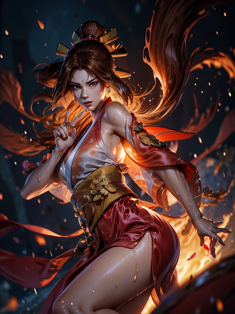 (exquisitely detailed CG unity 8k wallpaper, masterpiece-quality with stunning realism), (best illumination, best shadow), (best quality), (elegant style:1.2), Arti modern anime. angled view, heroic pose, (cel-shading style:1.3), centered image, ultra detailed closeup portrait of (Mai Shiranui:1) from (King of Fighters), best quality, expressive eyes, perfect face, highres, (ultra details), 1 girl, solo, (brown hair:1), hair ornament, eyeshadow, (gold, white and mainly red qipao:1), highly ornamented, (in Tokyo City:1), portrait, looking at the viewer, piercing eyes, full body, (light from the angle:1) (wind blowing:1.2).(depth of field effects:1.3) (motion action:1.2) (closeup:1.2) (motion blur effects:1), Thin to transparent,see-through, (((Soggy-kimono:1.2))),Lace fabric, (((water-immersed body: 0.9))), jewellery, (holding an oriental fan on fire:.8), (asian face:1), nail polish, makeup , (fighting attack pose:1.2), (spinning turning around:1), (clothing on fire with flames:1) (raised butt:1)