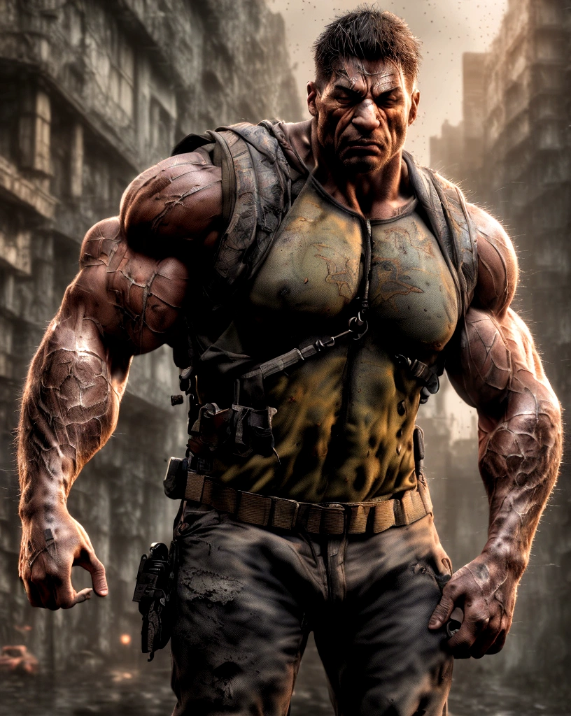 strong muscular man, street angry, backpack, epic realistic, photo, faded, complex stuff around, intricate background, soaking wet, neutral colors, ((((hdr)))), ((((muted colors)))), intricate scene, artstation, intricate details, vignette