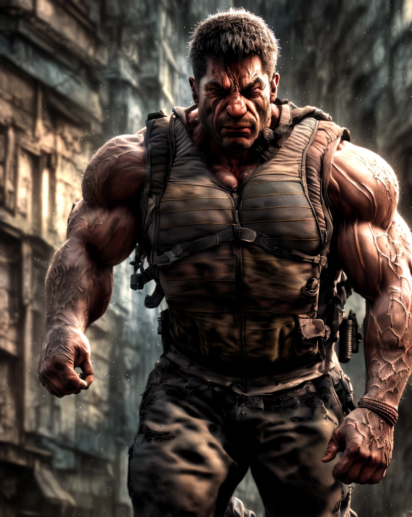 strong muscular man, street angry, backpack, epic realistic, photo, faded, complex stuff around, intricate background, soaking wet, neutral colors, ((((hdr)))), ((((muted colors)))), intricate scene, artstation, intricate details, vignette