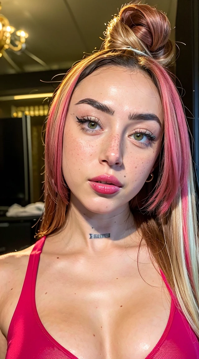 A photograph of (1girl,detailed skin,long eyelashes, double-tone hair),(23 years-old), wearing a tight bodysuit, (tipo de cuerpo pequeño:1.1), (petite body), multiple angles, charli xcx, ava max, bella poarch, she looks like a mix of grimes, charli bowater, sexy look, billie eilish, madison beer as leeloo, portrait of kim petras, 18 years old, the super hot and sexy, looks a blend of grimes
