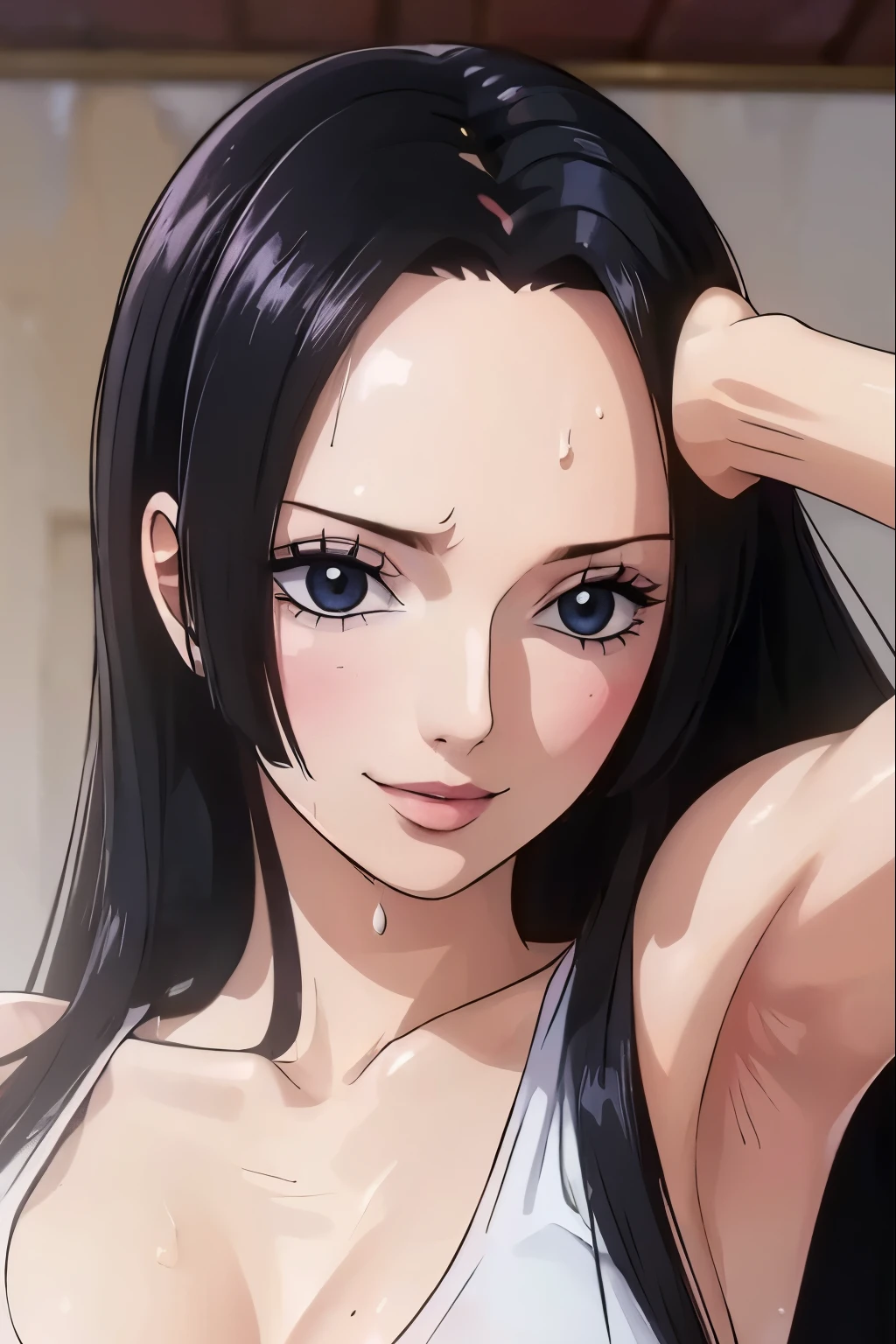 (((masterpiece))), (((best quality))), ((ultra-detailed)), (highly detailed CG illustration), Boa Hancock, (nsfw:1.4), (masterpiece:1.5), Detailed Photo, Smiling, Sexy, (Best Quality: 1.4), (1girl), Beautiful Face, (Black Hair, long Hair: 1.3), Beautiful Hairstyle, beautiful detail eyes, (realistic skin), beautiful skin, absurd, attractive, ultra high resolution, high definition, (sexually aroused:1.5), Pinkish white skin, cool white light, sexy pose, Beautiful , white background, pink soft white light, Wear a white tank top, ((armpits)), ((full of sweat)), dripping wet armpits, close up armpits.