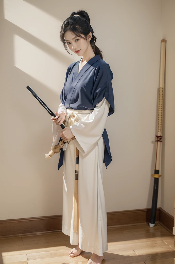 (((best quality))),(((ultra detailed))),(((masterpiece))),illustration,1girl,solo,short ponytail,slim,thin,small breasts,flat chest,white collar,white kendogi,three-quarter sleeves,maxi navy-blue kendo hakama,slender legs,standing in kendo gym,(holding a shinai:1.3),arms behind back,focused and determined expression,ready for challenge,slender and elegant face,confident and resilient,fair skin,blush,neat teeth,bright smile,clean and tidy uniform,wooden gym floor,wall,pine scent,standard grip,ready to slice through obstacles,strong belief,determination,spirit of resilience,admiring,from front,full body,bare feet