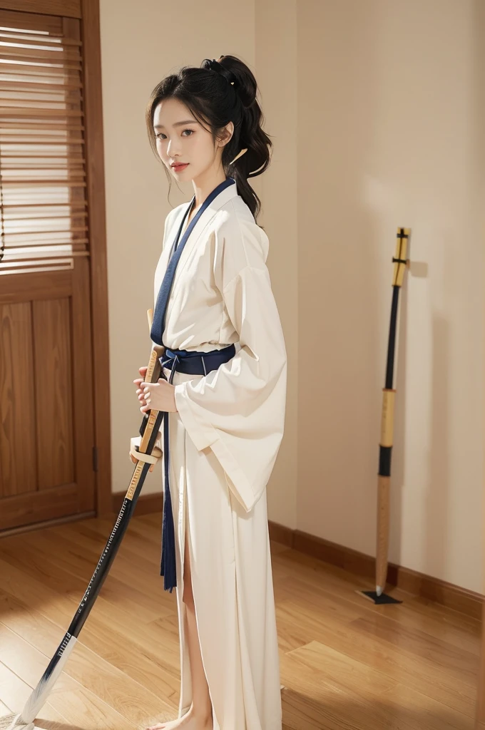 (((best quality))),(((ultra detailed))),(((masterpiece))),illustration,1girl,solo,short ponytail,slim,thin,small breasts,flat chest,white collar,white kendogi,three-quarter sleeves,maxi navy-blue kendo hakama,slender legs,standing in kendo gym,(holding a shinai:1.3),arms behind back,focused and determined expression,ready for challenge,slender and elegant face,confident and resilient,fair skin,blush,neat teeth,bright smile,clean and tidy uniform,wooden gym floor,wall,pine scent,standard grip,ready to slice through obstacles,strong belief,determination,spirit of resilience,admiring,from front,full body,bare feet