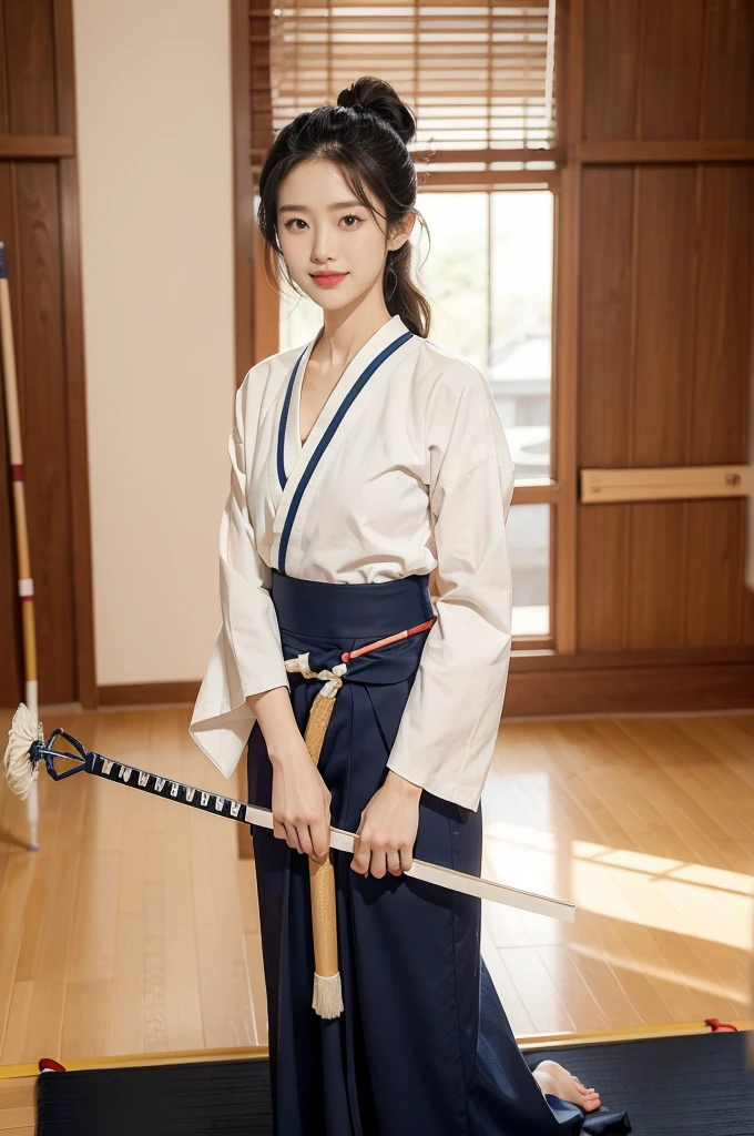 (((best quality))),(((ultra detailed))),(((masterpiece))),illustration,1girl,solo,short ponytail,slim,thin,small breasts,flat chest,white collar,white kendogi,three-quarter sleeves,maxi navy-blue kendo hakama,slender legs,standing in kendo gym,(holding a shinai:1.3),arms behind back,focused and determined expression,ready for challenge,slender and elegant face,confident and resilient,fair skin,blush,neat teeth,bright smile,clean and tidy uniform,wooden gym floor,wall,pine scent,standard grip,ready to slice through obstacles,strong belief,determination,spirit of resilience,admiring,from front,full body,bare feet