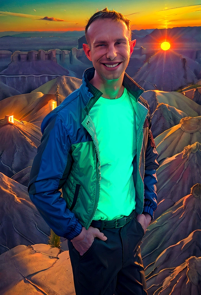 (solo), RAW Photo, photo of man Todder8 on a rooftop overlooking a small city at twilight wearing fashionable camping clothes, (wearing jacket), glow of the setting sun, vibrant ambiance, desert mountains, neon lights, music, (jet magazine), male, smiling, short hair, Todder5