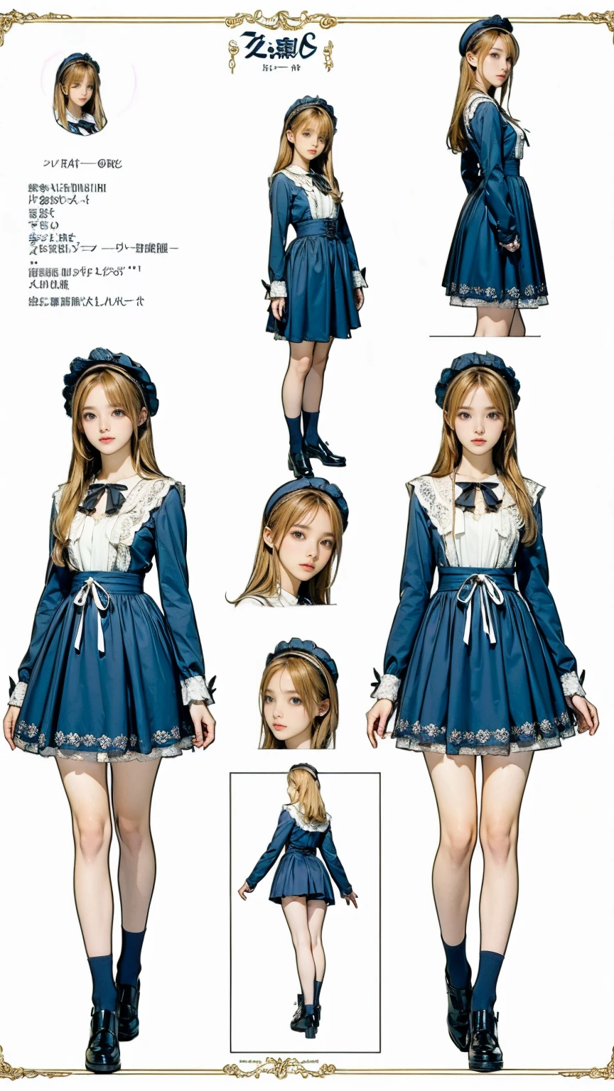((masterpiece)),(((Highest quality))),((Character design sheet)),Thin thighs,Long legs,whole body:1.5,Blonde fluffy long hair、blue eyes、white、 beautiful girl、Young girl、Black Lolita Fashion
