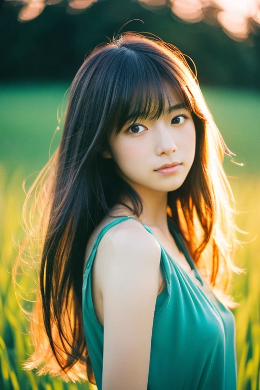  Japanese beautiful girl, Embarrassed look, figure, (Highest quality, Super detailed), front、Gentle lighting, Flowing Hair,one piece、 Delicate features, Dreamy atmosphere、Analog Film Photography、20-year-old、80'、サイバーパンクWindローファイアニメーション、Wind, sunset, Wheat field,