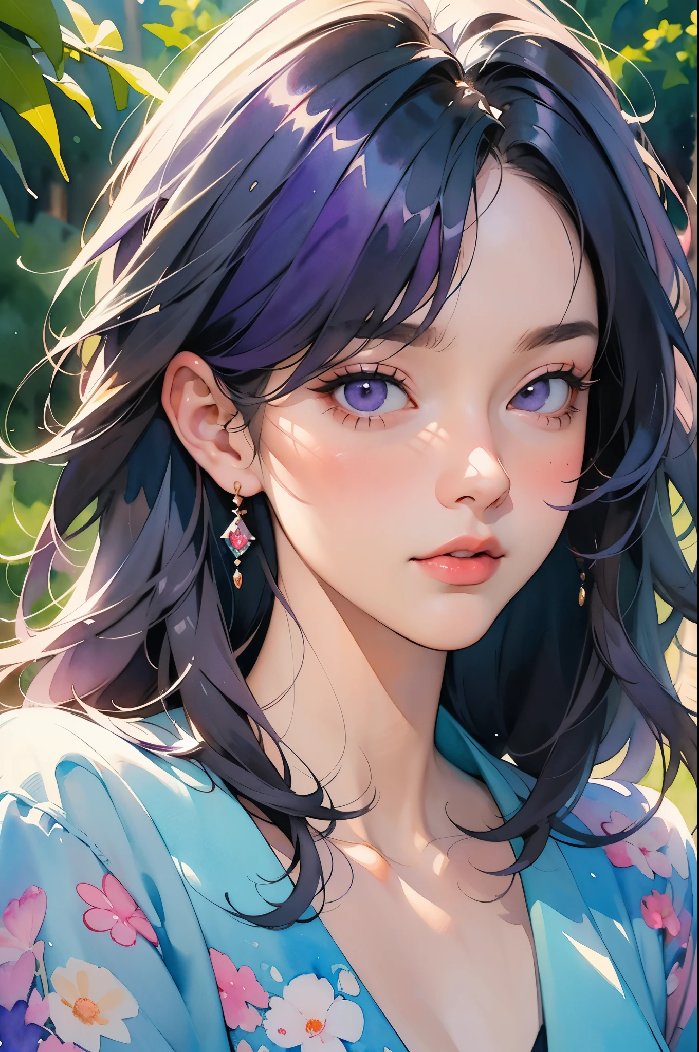 ((watercolor painting)) of a woman with purple hair and a purple dress, beautiful character painting, watercolor detailed art, in the art style of bowater, beautiful anime portrait, watercolor colored painting, alice x. zhang, detailed watercolor painting, masterful detailed watercolor, princess portrait, highly detailed exquisite fanart, watercolor artstyle, watercolor painting style, detailed color portrait, beautiful anime art style