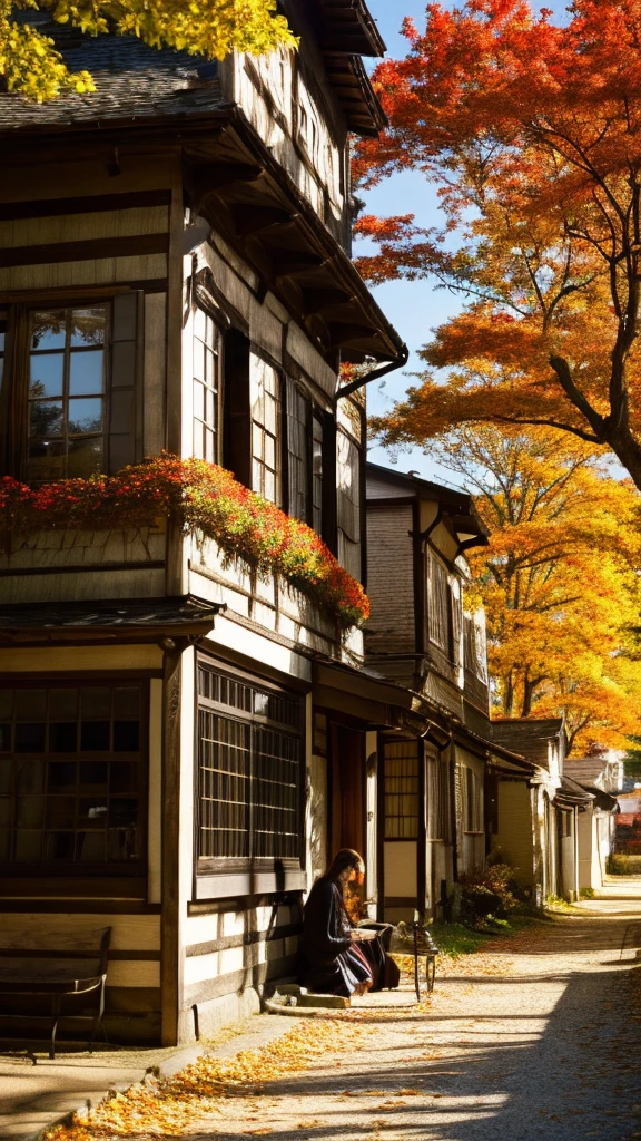 masterpiece, 最high quality, high quality, Very detailed CG 8k wallpaper, scenery, Outdoor, Medieval Tavern, autumnの空, autumnの夕暮れ, autumn、winter, Cloudy, The big moon shines,Depth of written boundary, High resolution, Flowers, squirt, Hydrangea, Realistic, Very detailed, Complex, High detail,Japanese Actress、Beauty、Miniskirt、boots、
