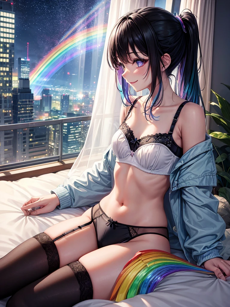 Highest quality,Highest Resolution,4K quality,Underwear looking at city night view outside large window in modern bedroom((Rainbow Gradient色))のsmileの1Profile of a woman,((Black hair ponytail)),Dark room,Rainbow Gradientセクシーランジェリー,Many water drops on the window,garter belt,High leg,((Iridescent underwear)),Knee-high stockings,smile,Landscape,Colorful eyeballs,Small bra{((Underwear color))Rainbow Gradient,