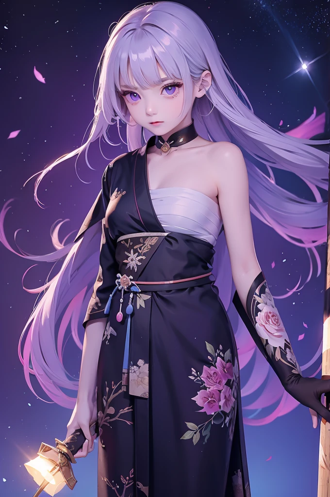 (masterpiece, Highest quality, Dutch Angle)(One girl, alone)(Gray Hair,Purple eyes,Straight Long Hair)(sarashi,kimono,One Shoulder、Wear one kimono:1.4、One shoulder exposed)(Serious expression, Woman with a sword:1.3、Floating Hair)(Cherry tree、dead tree、Mystical Night、Particles of light float around the woman、Space for fantasy)
