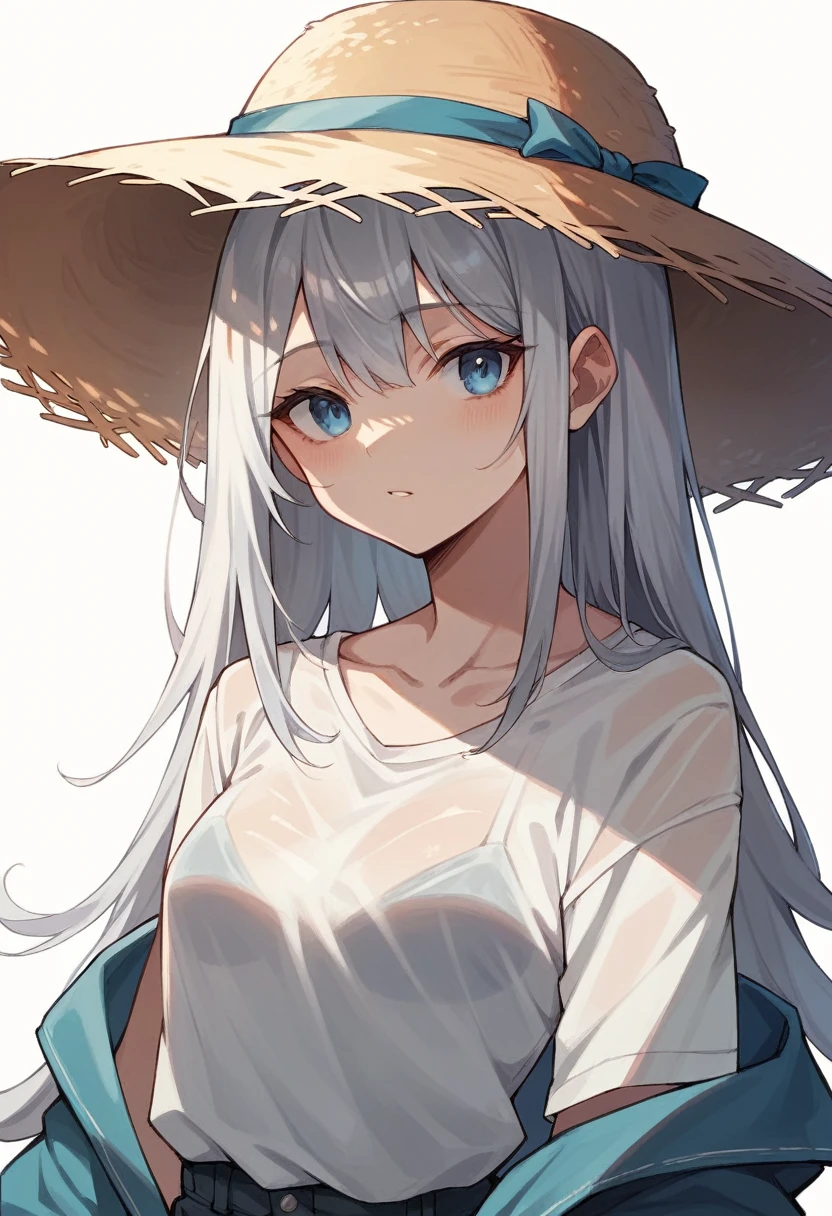 Japanese girl thinyshirt(See-through) blue eyes Long silver hair Midsummer Straw hat