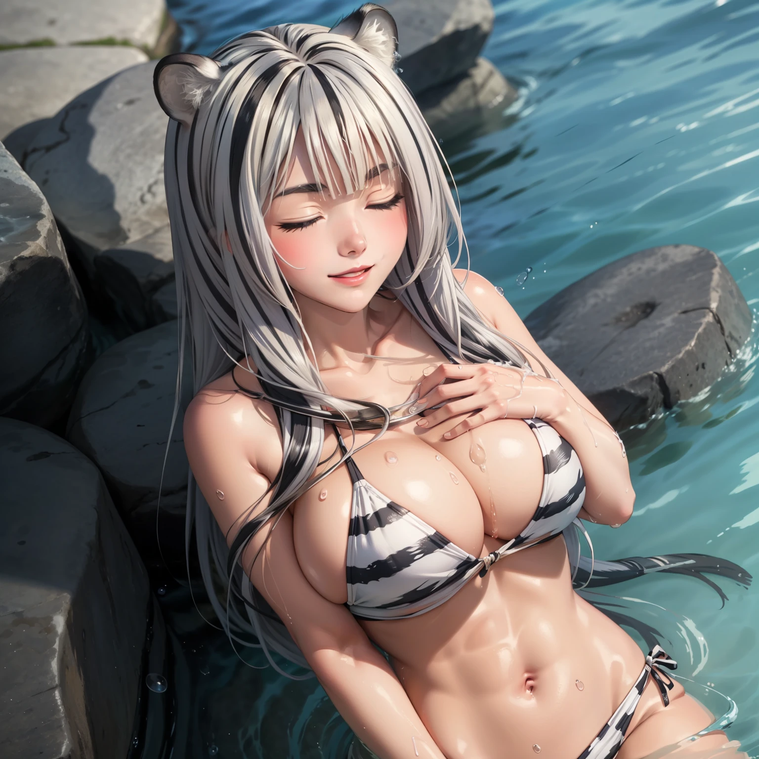 Atlas Fayon woman 40 years, white hair with black stripes ,white tiger ears, closed eyes, mujer ciega con closed eyes, Bikini sexy, He is bathing in the ocean, drops of water on his chest, water drops splashing, huge breasts. SMILE.