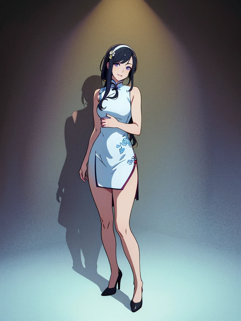 (1girl, solo), (full body:1.5), full-body shot, ((standing)), (perfect anatomy, perfect hands, perfect legs, perfect body), beautiful body, natural proportions BREAK

(((extremely detailed face))), (beautiful detailed eyes:1.6), (realistic pupils, realistic iris:1), expressive eyes, looking at viewer, (clear eyes:1.3), (hyperrealistic:1.2), (detailed skin texture:1.2), smooth skin, ((purple eyes)), ((silver hair)), silver hair with blue tips, long hair, (hairband:1.3), ((black hairband)), bangs, ((hair ornament)), (smile), blush, large breast, (detailed lips:1.3), (attractive lips:1.2), (glossy lips:1) BREAK

((a sexy woman dressed in a mini qipao dress)), qipao, ((white qipao:1.5)), (mini qipao:1.5), dress, ((china dress)), (mini dress:1.5), (bare legs:1.3), ((chinese clothes)), ((high slit qipao)), thighs, ass visible through thighs, ((bare shoulders)), high heels BREAK

(minimal background:1.1), (simple background:1.1) BREAK

(masterpiece:1.2), anime-style, top quality, best quality, (beautiful and aesthetic:1.2), (ultra detail:1.3), Ultra-detailed depiction, Ultra-precise depiction, extremely detailed 8k illustration, high resolution, (highly detailed shading), (realistic lighting:1.2), perfect lighting, vibrant colors, dynamic tones, striking hues, 8k, absurd resolution, perfect shadows, hdr, UHD, ambient lighting, realistic, ultra-realistic, photo realistic, highly detailed, rich detail, luminous colors, fine texture, intricate design, professional illustration, (soft light:1.2), (illustration:0.8)