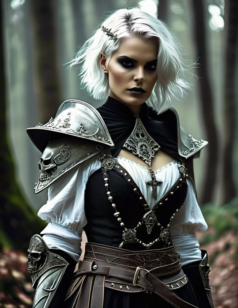 Necromancer. feminine. skull on the belt. Fantasy short White Hair. medieval times. gloomy forest