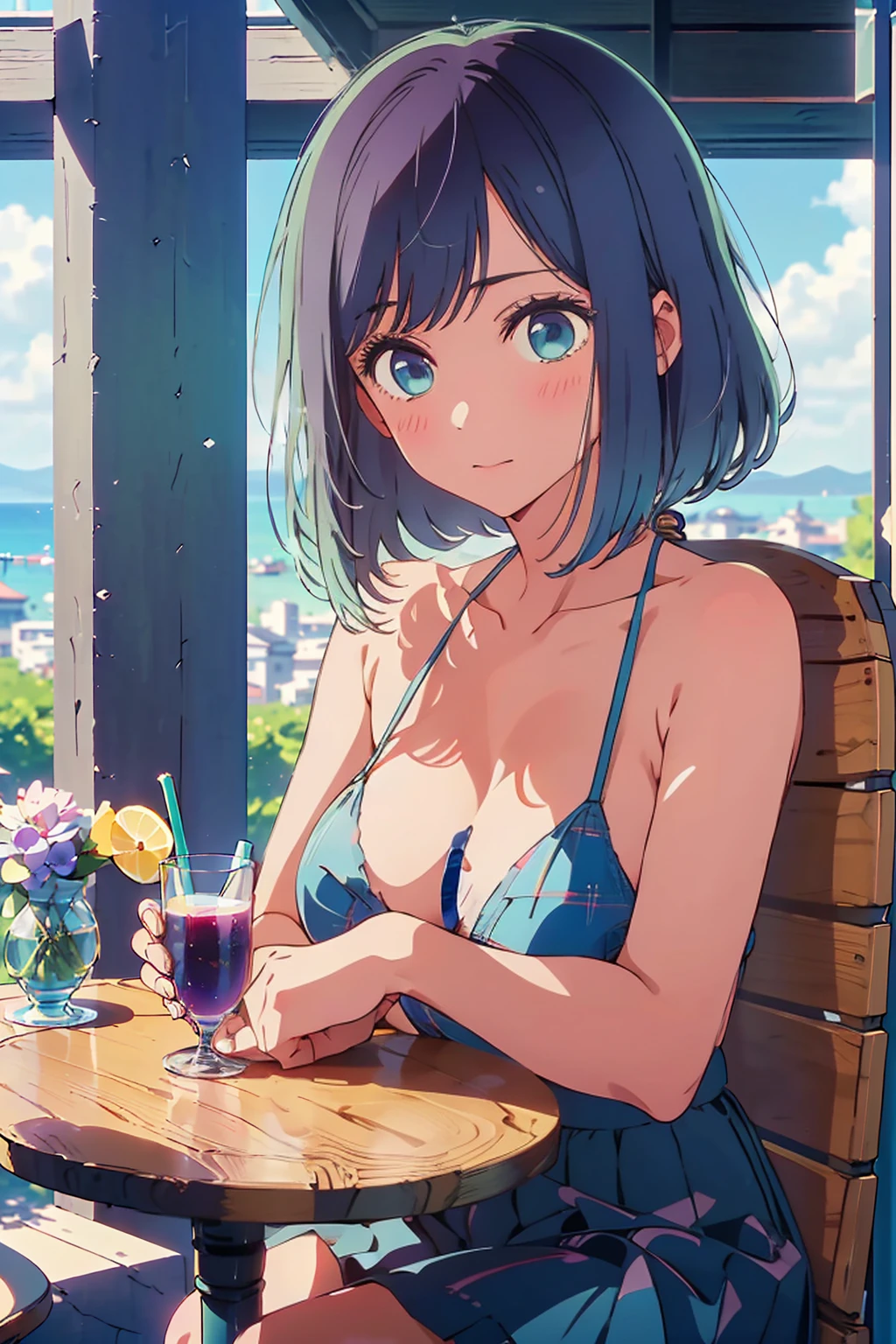 (Highest quality:1.4、masterpiece:1.4、Super detailed:1.4、8K:1.4)、F cup bust、Big Breasts、Slim body、((((1 person、Surprised expression、sit、Chair、In the background are the urban buildings of Tokyo、looking at the camera、Outdoor café terrace、coastal、Navy hair color、juice、table、Very cute face))))、(Pose of putting hair behind ears with hands:1.4、Cheek resting on hand:1.4）、((nude、Areola、bikini))、Very blue sky、A completely cloudless sky、Big eyes、((((Shallow depth of field))))、Pink Lips、Jacket