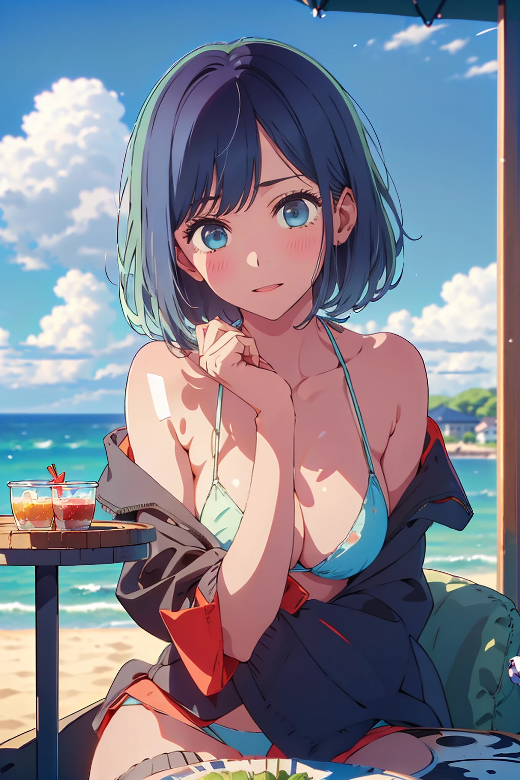 (Highest quality:1.4、masterpiece:1.4、Super detailed:1.4、8K:1.4)、F cup bust、Big Breasts、Slim body、((((1 person、Surprised expression、sit、Chair、In the background are the urban buildings of Tokyo、looking at the camera、Outdoor café terrace、coastal、Navy hair color、juice、table、Very cute face))))、(Pose of putting hair behind ears with hands:1.4、Cheek resting on hand:1.4)、((nude、Areola、bikini))、Very blue sky、A completely cloudless sky、Big eyes、((((Shallow depth of field))))、Pink Lips、Jacket
